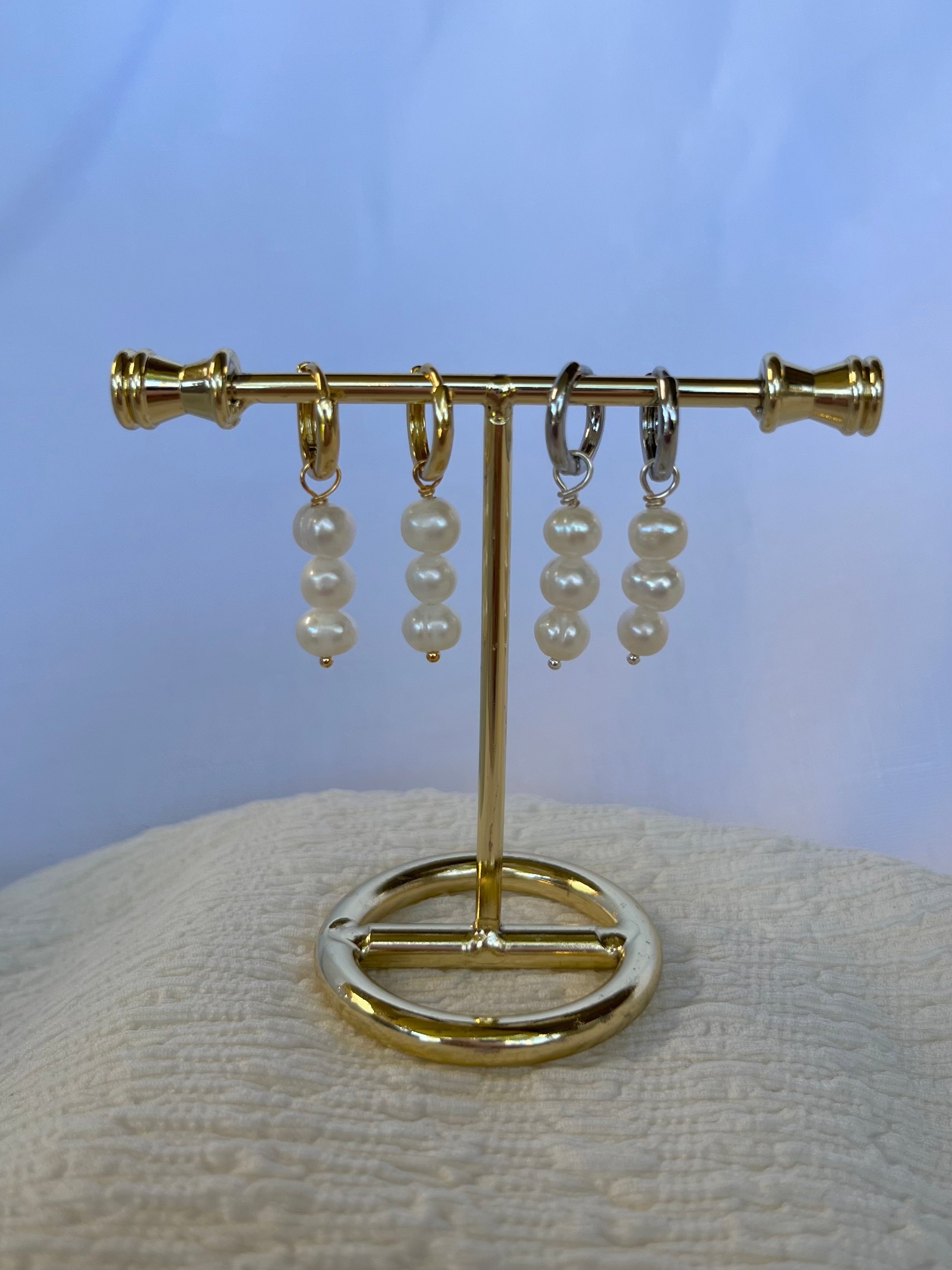Sterling Silver Triple Pearl Huggies (Gold/Silver)