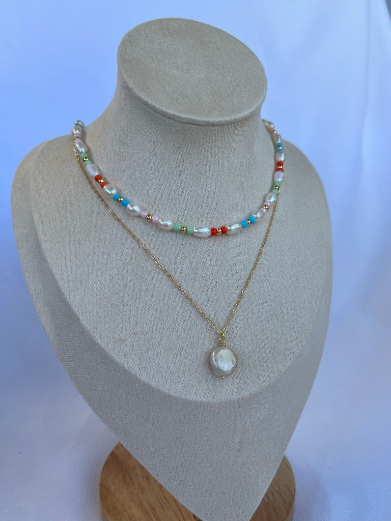 Sterling Silver Colourful Pearls Necklace (Gold/Silver)
