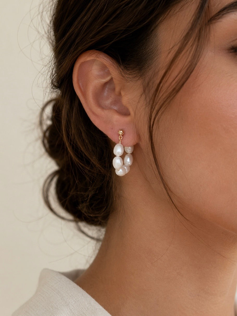 Sterling Silver Large Pearl Hoop Earrings (Gold/Silver)