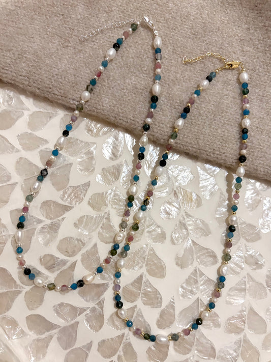 Sterling Silver Mixed Gemstone Necklace (Gold/Silver)