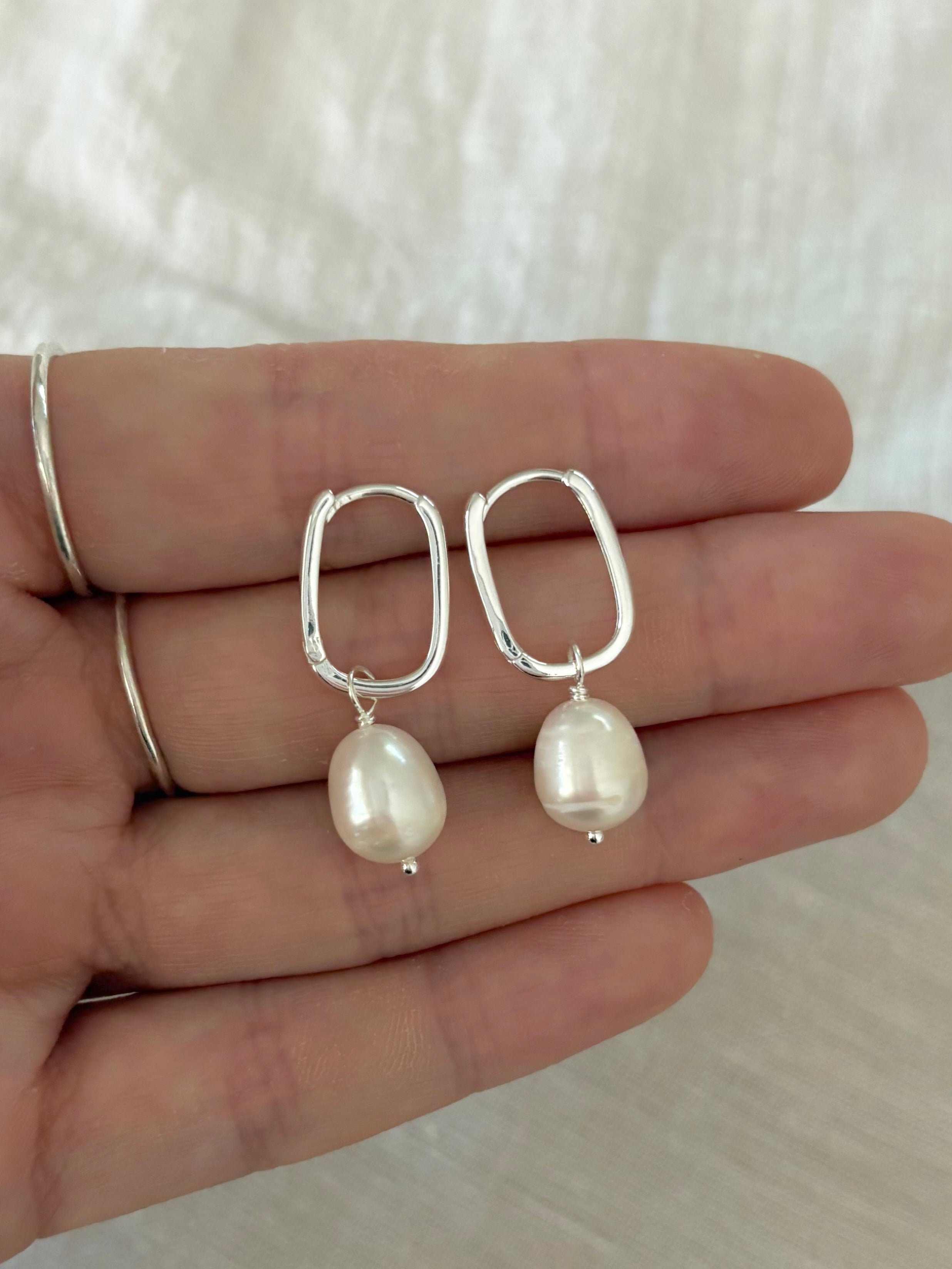 Sterling Silver Rectangle Pearl Hoops (Gold/Silver)