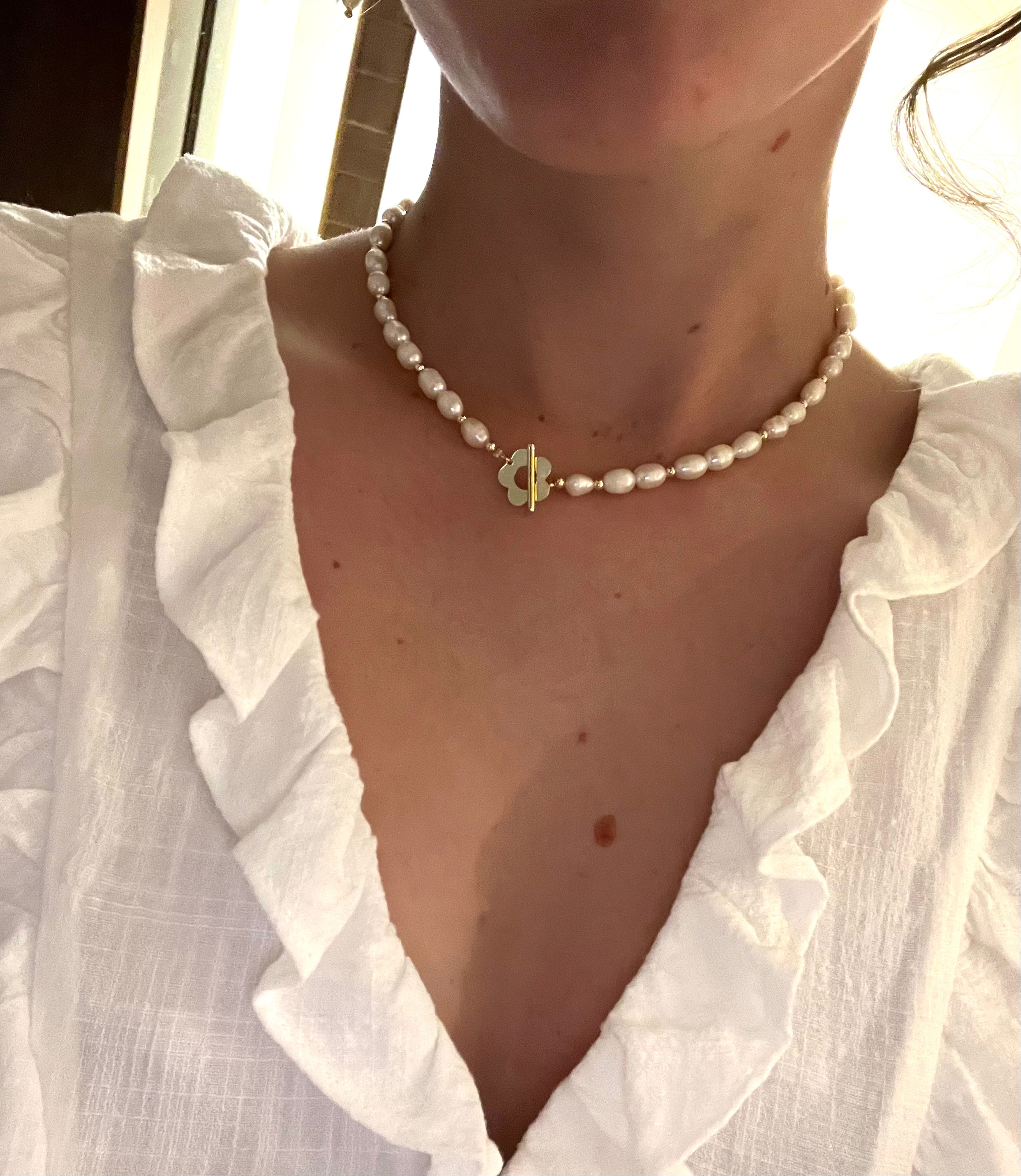 Gold Vermeil Flower and Pearl Necklace